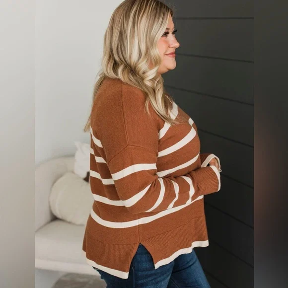 Burnt Orange Cream Striped Soft Knit Lightweight Sweater, Relaxed Fit, Medium